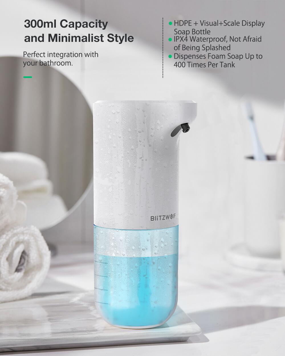 BlitzWolf® BW-FD3 automatikus érintésmentes habszappan adagoló 300 ml kapacitással, IPX4 vízálló minimalista stílus