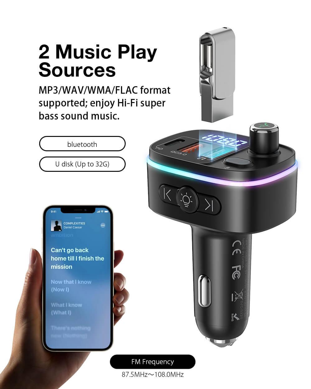 BlitzWolf® BW-BC2 Bluetooth FM transmitter autós töltő MP3 WAV WMA és FLAC támogatással