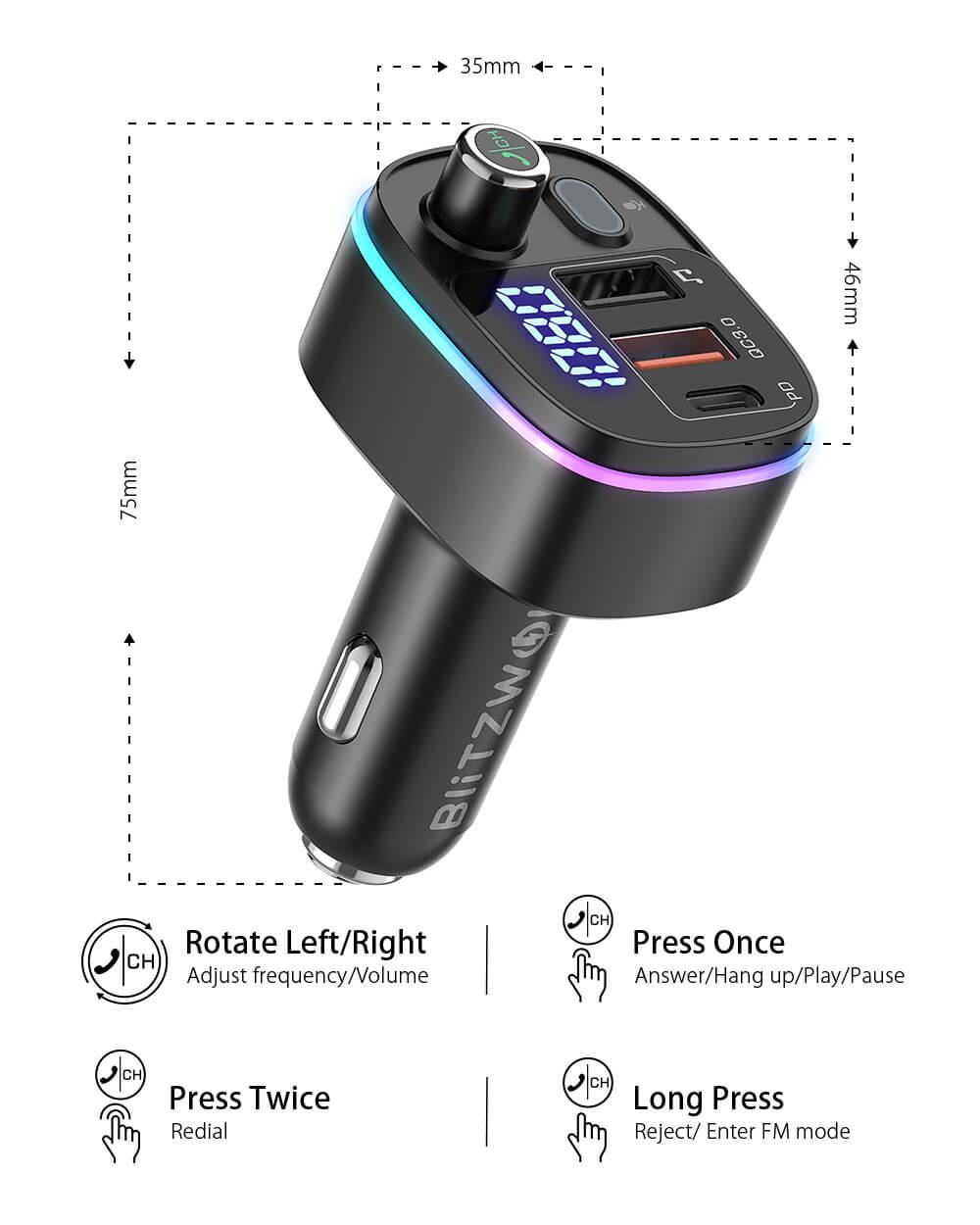 BlitzWolf® BW-BC2 Bluetooth FM transmitter autós töltő méretek