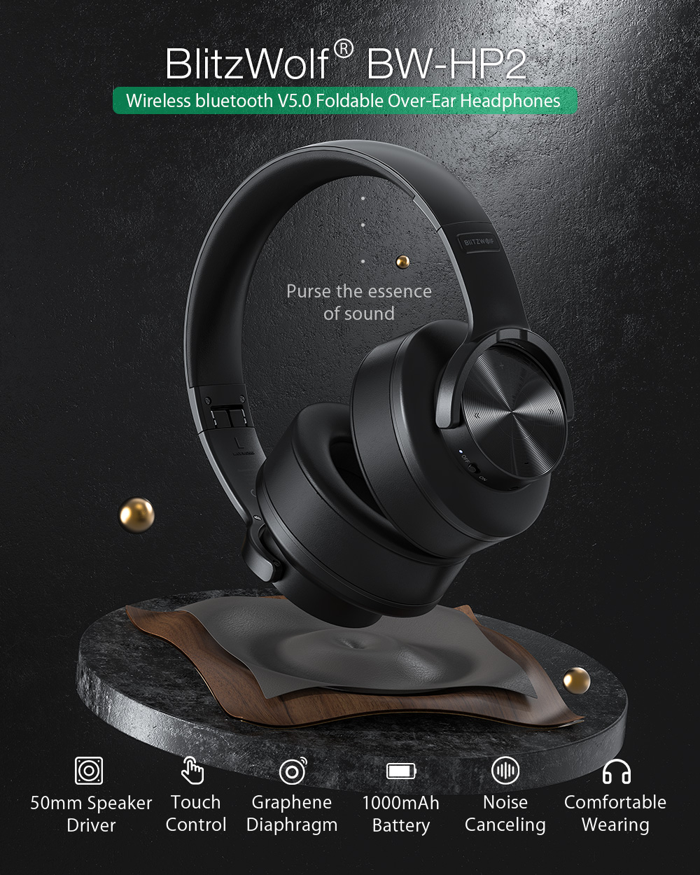 BlitzWolf® BW-HP2: vezeték nélküli Bluetooth fejhallgató beépített mikrofonnal