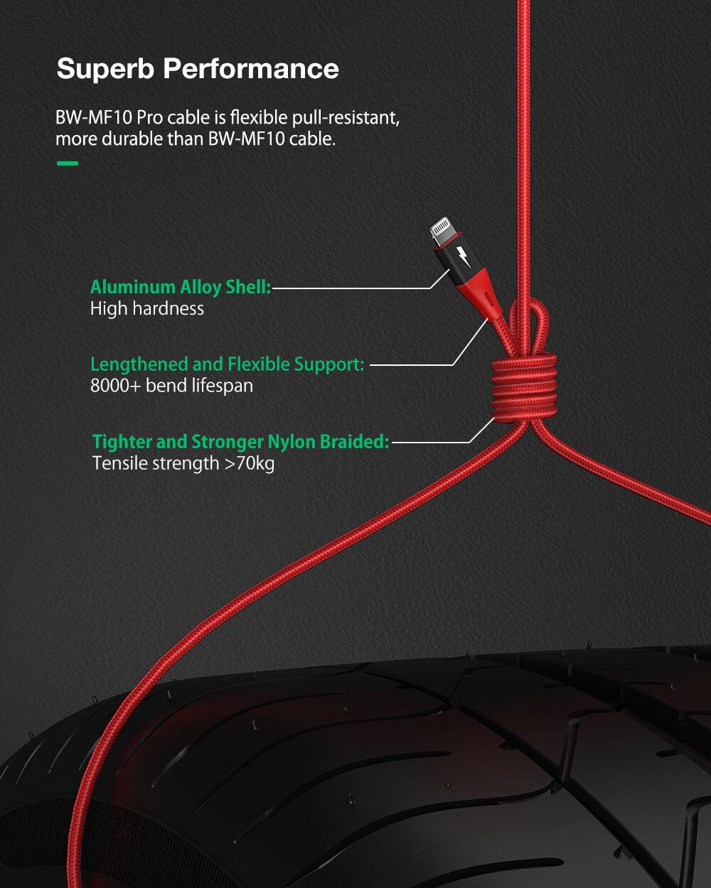BlitzWolf® BW-MF10 Pro: MFi certified Lightning - USB töltő- és adatkábel tartós kialakítás