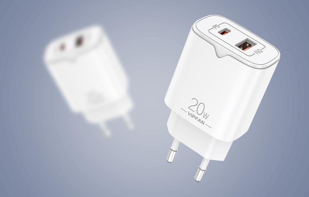 Vipfan E08 hálózati töltő, USB + USB-C, 20W PD + QC 3.0 (fehér)