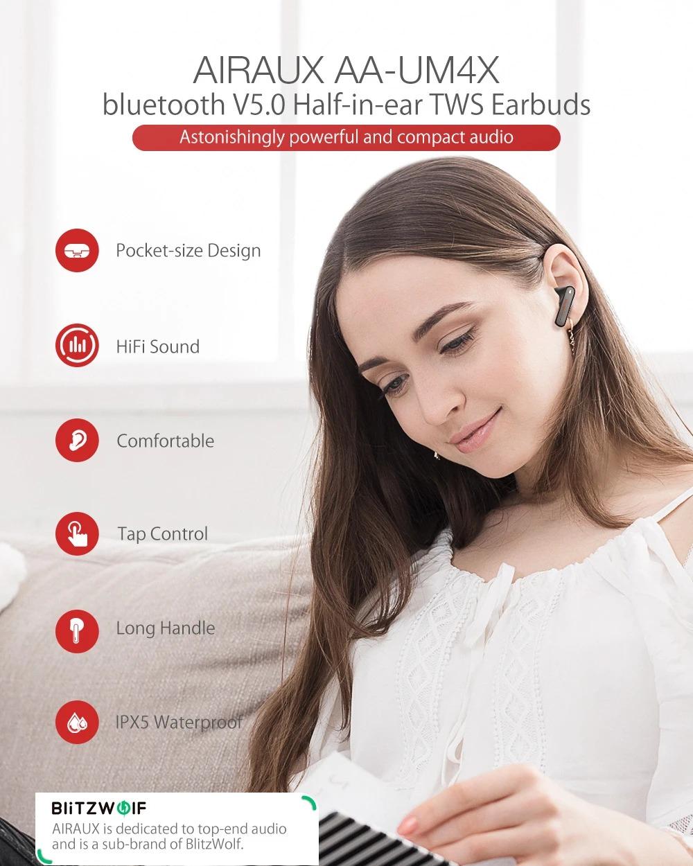 BlitzWolf® AirAux AA-UM4X: TWS mini fülhallgató (IPX5)
