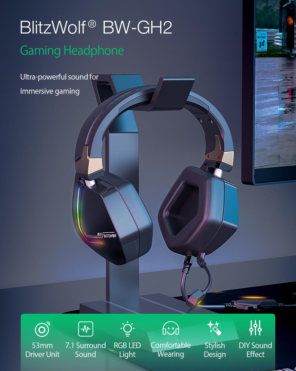 BlitzWolf® BW-GH2: 7.1 gamer fejhallgató RGB leddel